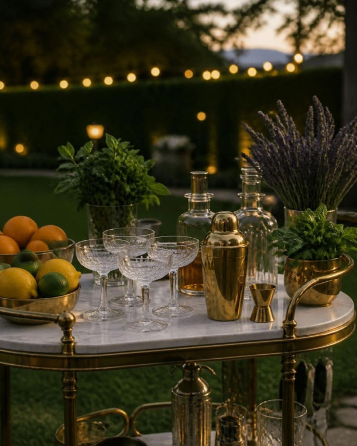 Bar Society's brass and marble cocktail cart set up at an evening garden party